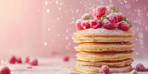 Poster - Pancakes stacked in a towering arrangement, perfect for celebrating Pancake day or Shrove Tuesday. This delightful pancake tower showcases the joy of Pancakes in a festive setting.