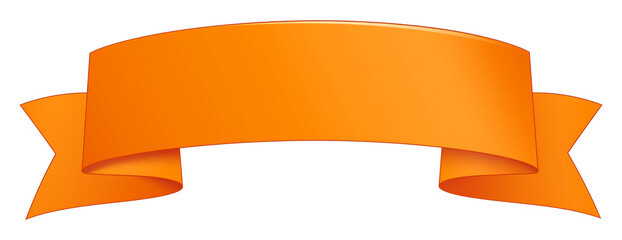 Poster - Bright orange satin ribbon with smooth texture and curved design, featuring diagonal stripes and folded ends, isolated on transparency background