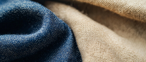 Aufkleber - Close up of organic hemp fabric showcasing detailed weave texture in natural beige and blue tones, highlighting its eco friendly and sustainable qualities