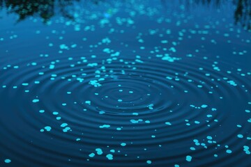 Poster - Ripples spreading on a dark blue water surface with small, scattered light-blue particles.