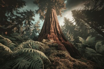 Poster - Majestic redwood tree dominates a lush forest floor, sunlight filtering through the canopy.