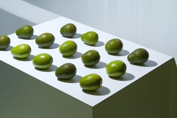 Poster - Fifteen ripe avocados arranged neatly on a white surface, illuminated by a soft light.