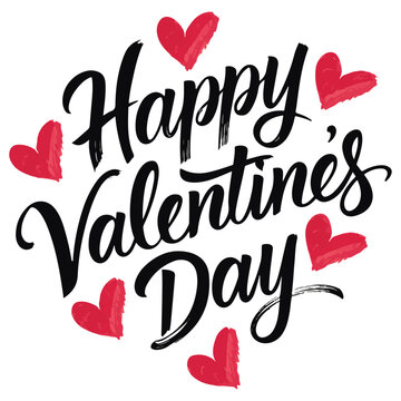 A black handwritten brush lettering of Happy Valentines Day on a white background with red hearts.