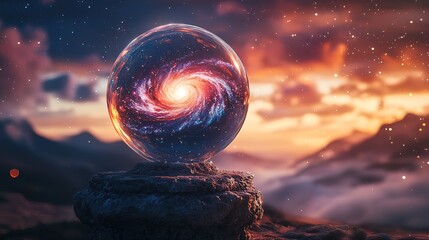 Wall Mural - Crystal ball on a rock, showcasing a swirling galaxy against a sunset backdrop.