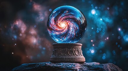 Wall Mural - Crystal ball on stand displays swirling galaxy, nebula, and cosmic dust.