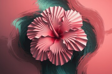 Poster - Geometric pink hibiscus flower art with teal brushstrokes background.