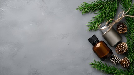 Wall Mural - christmas background with pine branches, cones and bottles of perfume