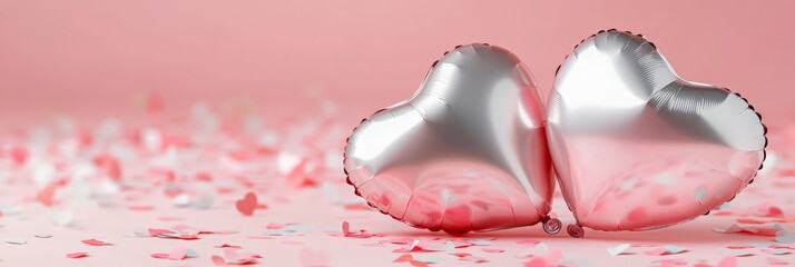 Poster - Two silver heart shaped balloons resting on a pink background adorned with small paper hearts, creating a romantic vibe ideal for valentine's day or anniversaries