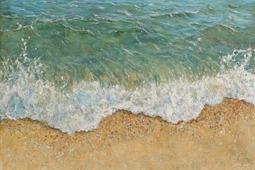 Wall Mural - beautiful and serene ocean waves gently crashing on sandy shore with bright blue water and textured 