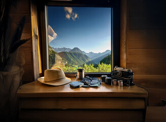 Poster - A rustic cabin window frames a breathtaking mountain vista.  A straw hat, camera, and travel essentials rest on the wooden sill, hinting at adventure and exploration.