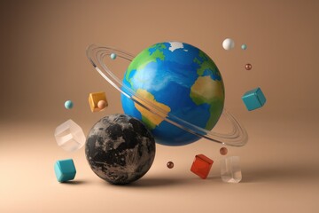 Poster - A 3D rendering showing Earth and another planet with rings, surrounded by geometric shapes and small spheres.