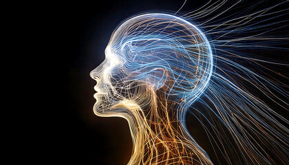 Poster - Stunning abstract artwork depicting a profile of a human head and neck formed from glowing lines of light.  Perfect for concepts of intelligence, technology, neural networks, or the human mind.