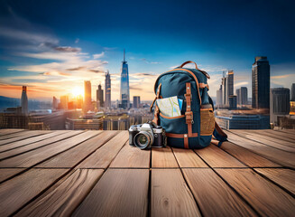 Poster - A dark-blue backpack and camera rest on a wooden deck overlooking a vibrant cityscape at sunset.  The scene evokes a sense of adventure and exploration.