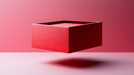Poster - Red Cube Floats Gently Above Pink Surface Background Smoothly