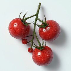 Wall Mural - Fresh Red Tomatoes with Raindrops on Branch, Studio Lighting, Isolated on White Background