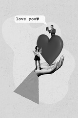 Aufkleber - vertical collage image of big black white gamma arm palm hold red heart two mini people typing chatt