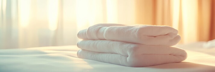 Poster - Warm sunlight illuminating stack of fresh white towels placed on made bed in hotel room, creating cozy and welcoming atmosphere for guests on summer vacation