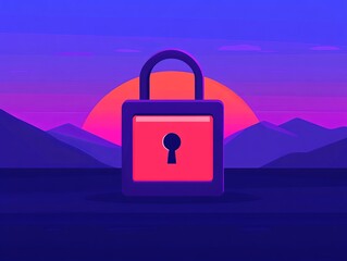 A vibrant digital illustration of a padlock against a sunset backdrop, symbolizing security and protection amidst a serene landscape.