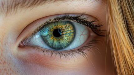 Sticker - Detailed Shot of a Human Eye Displaying Binary Code, with Space for Copy, Suitable for Tech-Themed Designs