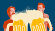 © master1305 - Vibrant design. Two large, stylized beer mugs overflowing with white foam and two men n red tones stand behind on blue background. Concept of beer, party, celebration, festival, enjoyment
