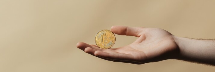 Poster - Male hand demonstrating golden bitcoin on neutral background, representing investment, finance, and digital currency in modern business world