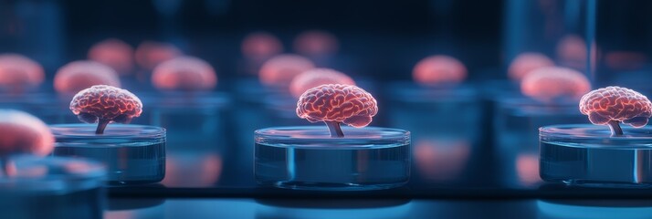 Poster - Multiple brains are growing inside petri dishes filled with liquid, suggesting advanced medical experiments in a scientific laboratory, possibly for cloning or disease research