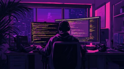 Aufkleber - A person coding at a dual-monitor setup, immersed in a vibrant, tech-inspired environment.