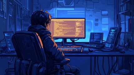 Aufkleber - A person coding at a dimly lit desk, surrounded by multiple screens displaying code.
