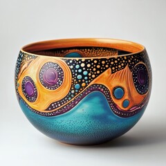 A vibrant, hand-painted bowl featuring swirling patterns in orange, blue, and purple, showcasing artistic craftsmanship and creativity.