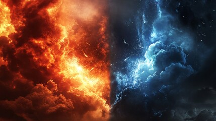 Wall Mural - a dramatic split between fiery orange clouds and cool blue clouds, creating a stunning contrast of e