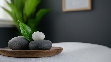 Wall Mural - a stone table with two stones and a green plant