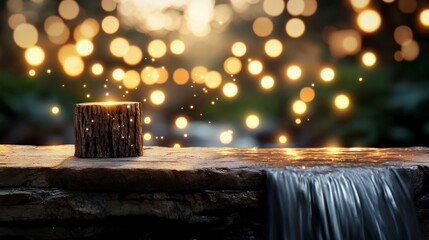 Poster - Romantic twilight scene with glowing bokeh lights over a log on a stone surface next to flowing water