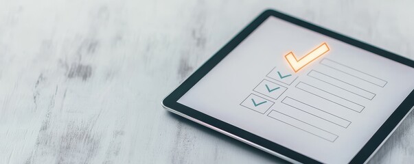 Poster - advice investment tip concept. digital checklist on a tablet with a checkmark on a wooden surface.
