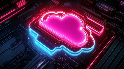 Fototapete - A vibrant neon cloud symbol glowing against a futuristic circuit board background.