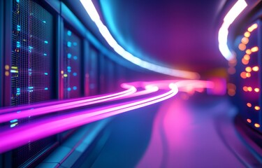 Poster - 3D rendering of a server room with speedy lights streaking through the corridor
