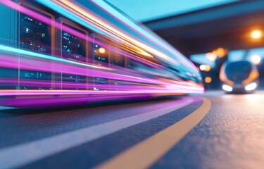 Poster - 3D rendering showcasing a data center with bright speed lights moving through the corridor