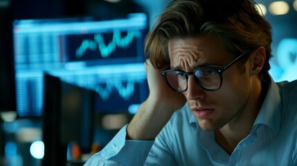  - A worried young man in glasses stares at data charts on a computer screen, deep in thought.