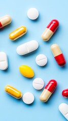 Poster - Assorted pharmaceutical pills and capsules in various shapes, sizes, and colors lie scattered on a vibrant blue background, symbolizing the diverse range of medications used in modern healthcare