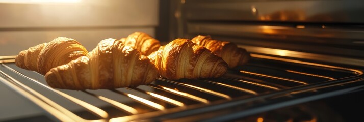 Aufkleber - Golden brown croissants rest on a metal rack inside a convection oven, emitting a warm glow as they cool down after baking, creating a cozy and inviting kitchen scene