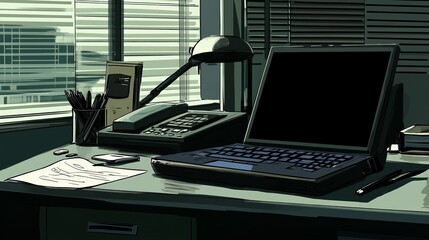 Poster - A minimalistic office desk with a laptop, phone, and stationery items.