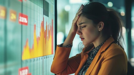  - A distressed woman in an orange blazer analyzes fluctuating financial data on a screen.