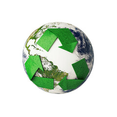 Wall Mural - A 3D rendering depicts Earth with a green recycling symbol prominently displayed, emphasizing environmental responsibility and sustainability.