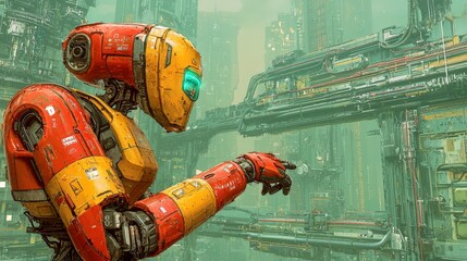Poster - Vibrant Robot in Futuristic Cityscape with Neon Elements and Industrial Architecture