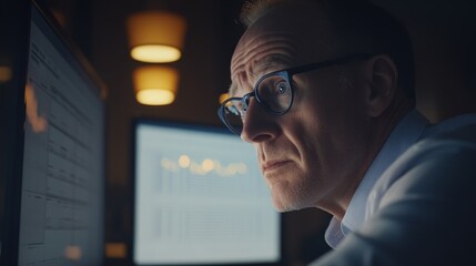 Poster - A focused individual working intently at a computer screen in a dimly lit environment.