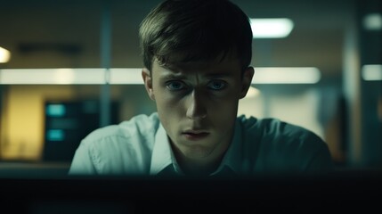 Poster - A focused young man intently staring at a computer screen in a dimly lit office.