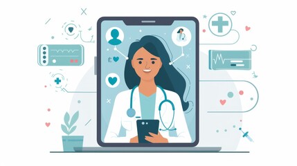 Poster - A healthcare professional connects with patients through digital tools, delivering remote consultations and health advice. This innovative approach enhances patient care and accessibility.