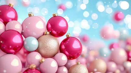 Poster - Colorful Christmas Ornaments on Blue Background with Soft Bokeh Effect and Sparkling Glitter Details
