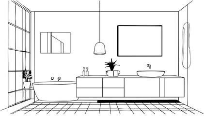 Wall Mural - Bathroom interior sketch. Line drawn