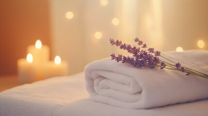 Poster - Soft white rolled towel accompanied by fresh lavender and flickering candles creates a soothing spa ambiance, inviting a luxurious and tranquil experience for relaxation and wellness