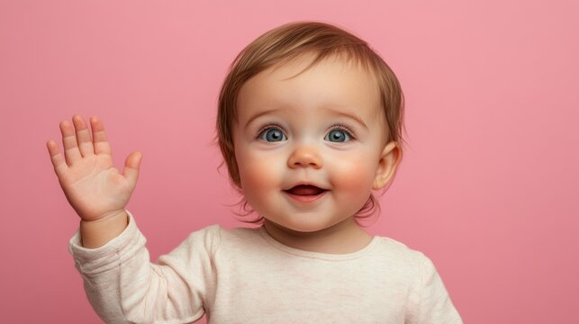 Delightful little princess with sparkling eyes shows an adorable surprised expression while gesturing playfully to the left in a pink setting